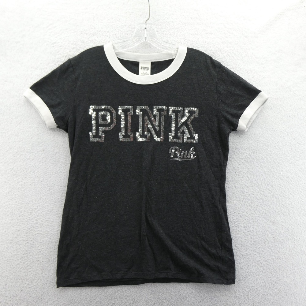 PINK Victoria's Secret T-Shirt Women Medium Sequin Logo Charcoal Gray Ringer Tee